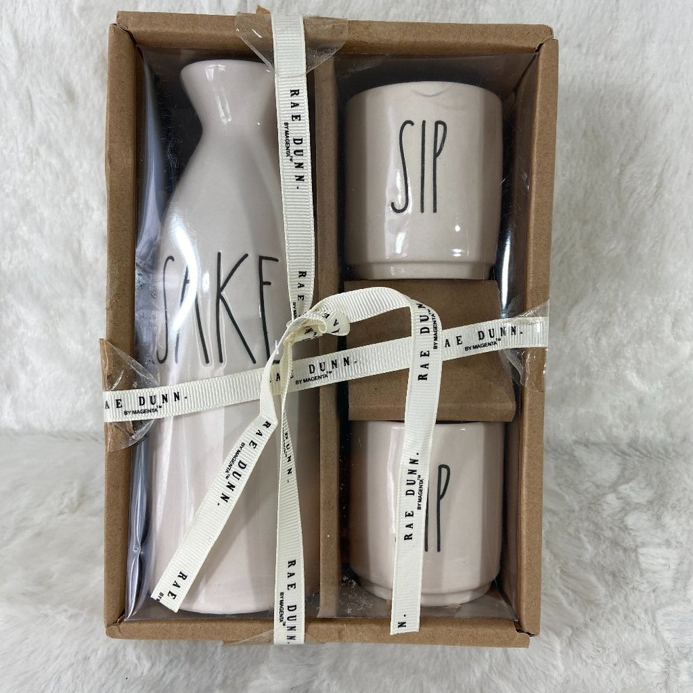 Rae Dunn SAKE Pitcher SIP Cups Glossy White Ceramic Set NIB